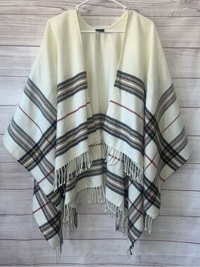 Plaid Fringe Open Front Poncho - Cream with Black & Red Stripes